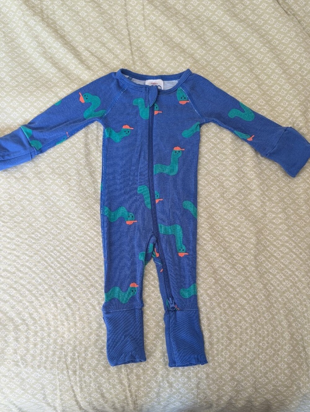 Hanna Anderson Blue Zip One-Piece with Green Snake Print, Newborn